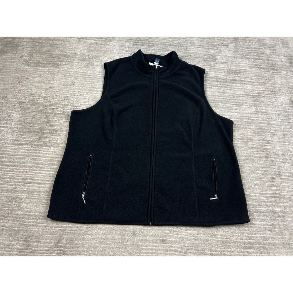 Karen Scott Vest Women 2X Black Fleece Sport Full Zip Mock Neck Sleeveless Solid